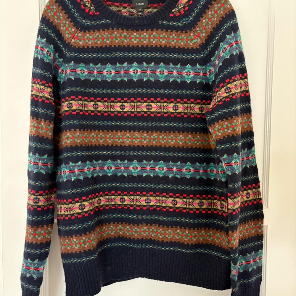 J. Crew Navy and Multicolor Crewneck Sweater